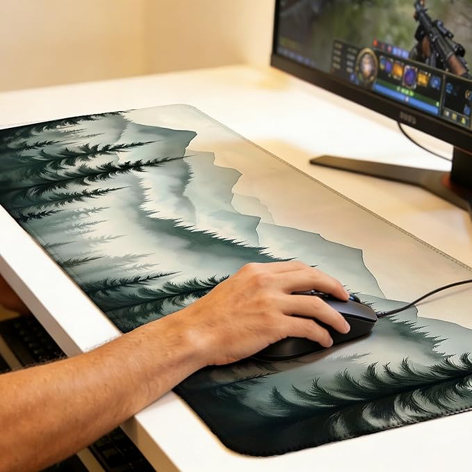 Large Gaming Mouse Pad Mountain Landscape with Mist and Trees Desk Mat,Non-Slip Rubber Base Stitched Edges,Extended Mousepad for PC,Laptop,Office,Home Decor(31.5 x 11.8 Inch)
