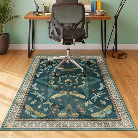 JTJ 3'x4' Teal Office Chair Mat for Hardwood Floors, Insect Boho Design,Non-Slip Low Pile Desk Rug, 36"x48" Small Area Rug for Computer Desk Home Office, Machine Washable WFH Essential for Dorm Room