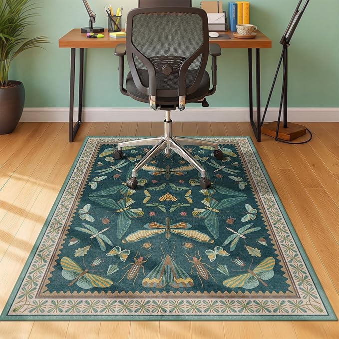 JTJ 4'x5' Teal Office Chair Mat for Hardwood Floors, Insect Boho Design,Non-Slip Low Pile Desk Rug, 48"x60" Small Area Rug for Computer Desk Home Office, Machine Washable WFH Essential for Dorm Room