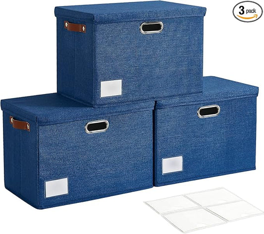 15" Large Collapsible Storage Bins with Lids, Stackable Closet Organizers with PU Handle and Labels, 3-Pack Decorative Fabric Storage Boxes for Home, Bedroom, Closet, Office, Nursery(Navy Blue)