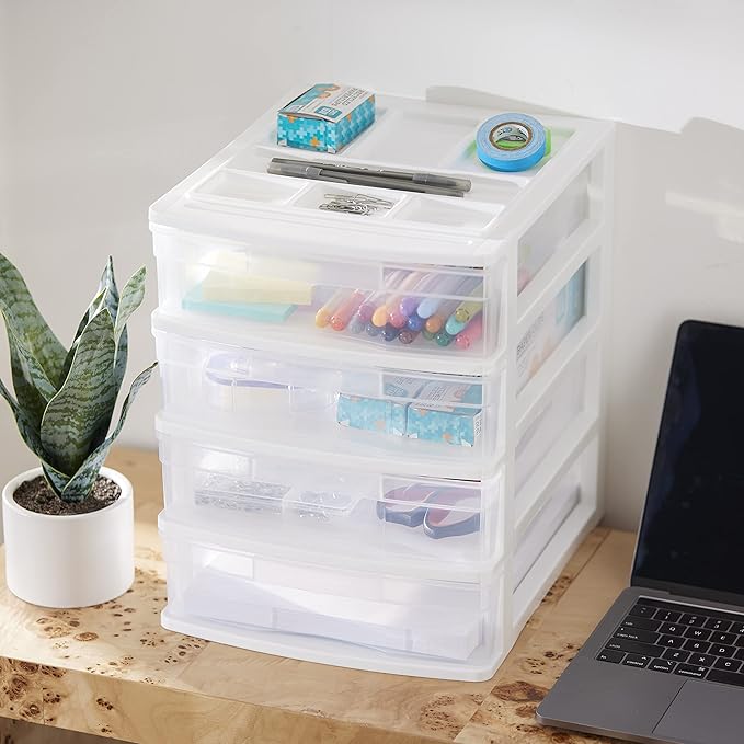 Gracious Living 4 Drawer Desktop & Countertop Organizer w/Organization Lid for Craft Storage, Office Supplies & School Supplies, White/Clear (4 Pack)