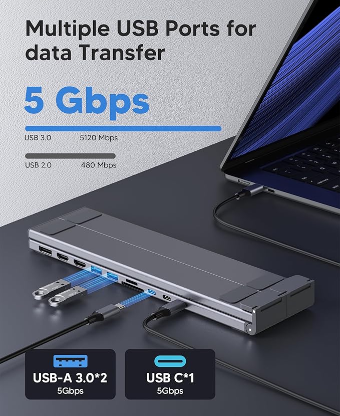 Mukiya USB C Laptop Docking Station Stand 3 Monitors 4K@60Hz, 10 in 1 USB C Hub with Dual HDMI+DP, 2*USB 3.0, PD 100W, USB C 3.0, SD/TF, Dock Station for MacBook Pro/Air/Dell/HP/Surface/Lenovo