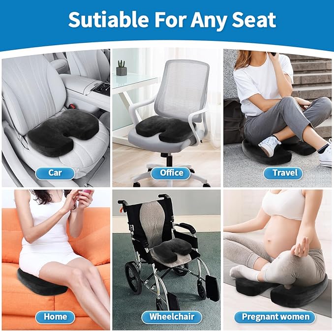 Memory Foam Seat Cushion for Office Chair & Car - Tailbone, Sciatica & Coccyx Pain Relief Butt Pillow - Ergonomic Orthopedic Desk Chair Pad for Long Sitting, Gaming & Travel, Black