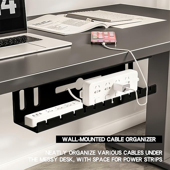 Under Desk Cable Management 16'' Tray Wires Organizer Power Strip Management No Drill Under Table Organizer for Cable Storage Holder (BLACK-50CM)