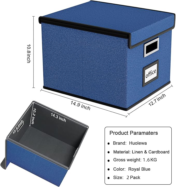 Decorative File Organizer Boxes Office Document Storage with Lids, Portable Collapsible Linen Hanging Filing & Storage Boxes for Office/Decor/Home (Royal Blue) -14.9 x 12.7 x 10.8 inch -2 Pack