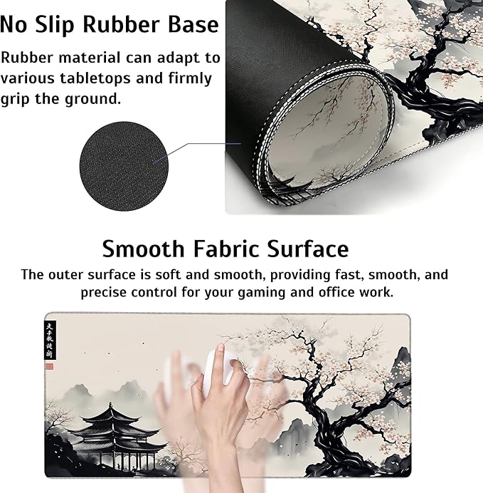 Large Gaming Mouse Pad Japanese Cherry Blossom Desk Mat,Non-Slip Rubber Base Stitched Edges,Extended Mousepad for PC,Laptop,Office,Home Decor(31.5 x 11.8 Inch)