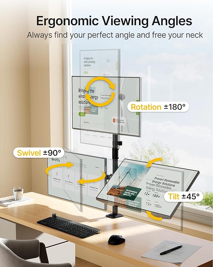 monTEK Triple Monitor Stand Mount, Fully Adjustable Desk Mount for 3 Screen up to 17”-32” and 22lbs Capacity Each Arm, Stable Monitor Arm with C Clamp and Grommet Base, VESA 75x75mm/100x100mm