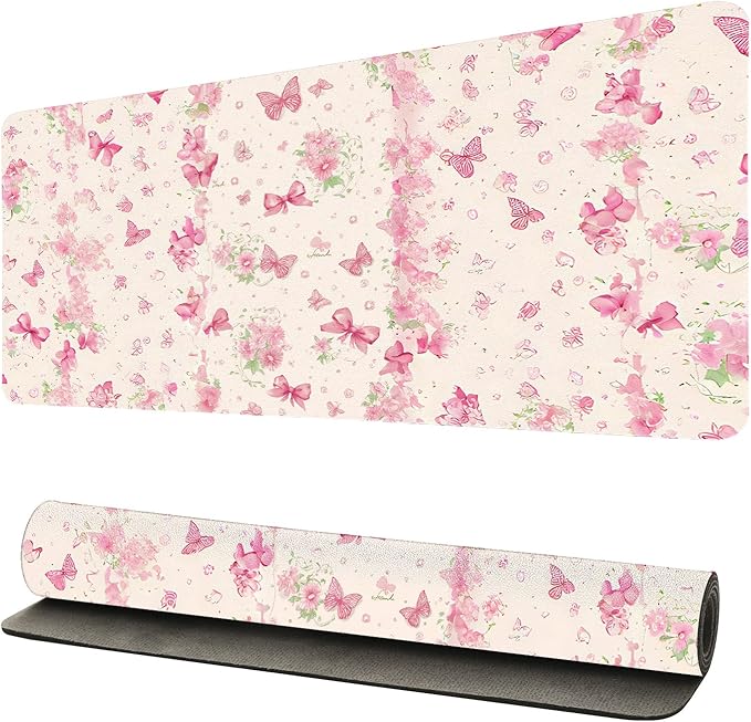 Butterfly Theme Desk Mat for Women, Large PU Leather Desk Pad with Non-Slip Base, Romantic Office Keyboard Mat for Gaming & Home Work, Enchanting Gift Idea（31.5 * 15.75in）