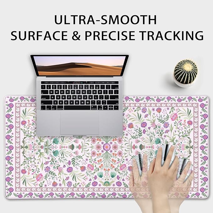 Purple Floral Desk Mat, 31.5"x15.7" Large Mouse Pad, Anti-Slip Rubber Base Keyboard Pad with Stitched Edges, Water-Resistant Smooth Desk Blotter, Computer Mat for Home Office Desk