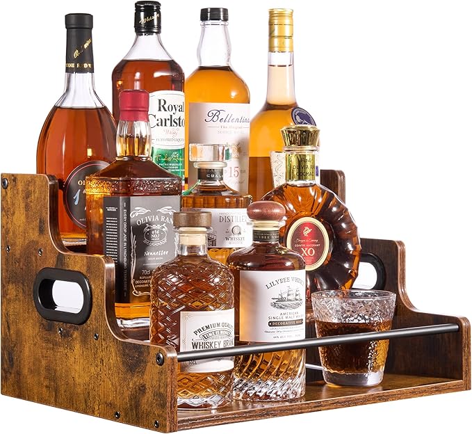 YQBRAO [Upgraded Rustic Wood Liquor Bottle Display Shelf, 3-Tier Liquor Shelf for Bar Counter, Coffee Syrup Rack Organizer with Handles & Metal Guardrail, Bar Bottle Stand for Home, Kitchen, Cafe