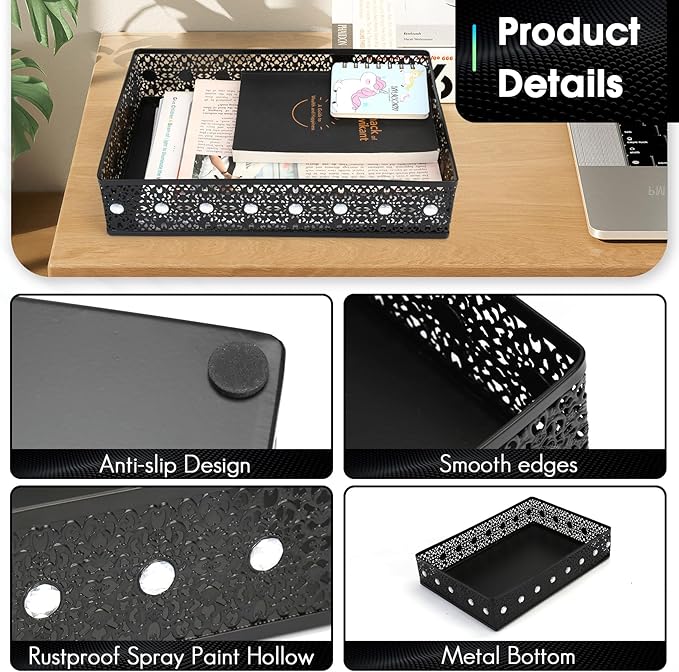 Desk Drawer Organizer, A4 Large Metal Mesh Desk Organizer Tray, Carved Hollow Floral Desk Tray, Versatile Storage Box Set for Office Home Supplies,13x9x3 inches (Rhinestones,1 PC)