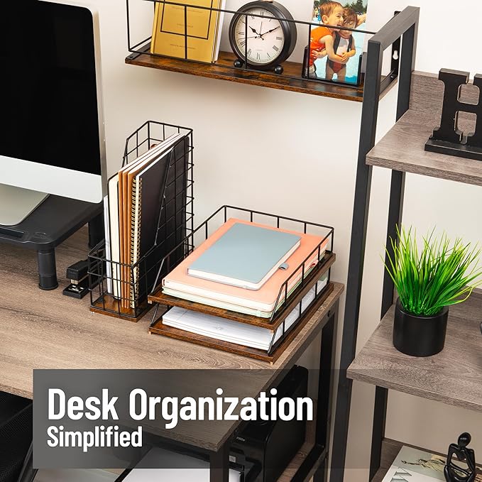 Mind Reader 2-Tier Rustic Letter Tray Organizer with Metal Frame, Wood Base for Desk or Office, Stackable, Metal and Wood, Black