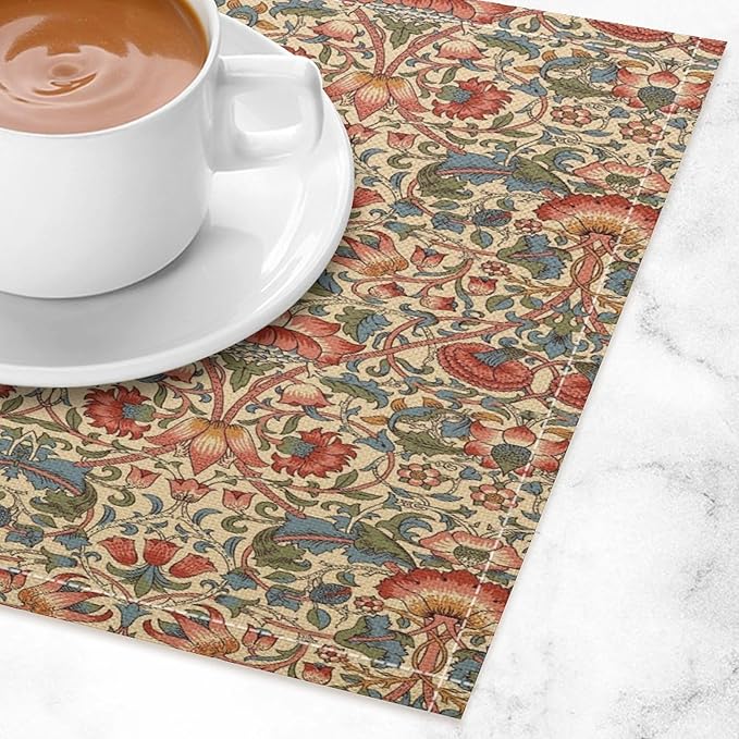 William Morris Floral Placemats Vintage Flower Art Style Boho Chic Retro Floral Linen Washable Table Mats Stain Heat-Resistant Desktop Decor Place Mats for Home Kitchen Dining Party 12x18 in 6 Pcs