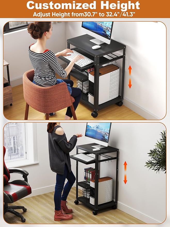 AV Presentation Cart with Keyboard Tray Mobile AV Cart Stand Metal Media Cart with Wheels for Projector Height Adjustable Computer Workstation Presentation Cart for School Classroom Office