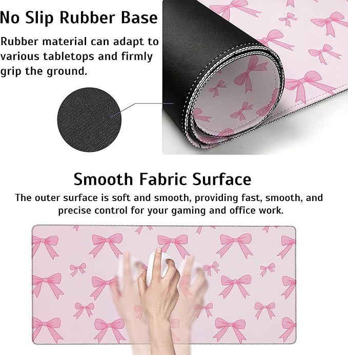 Large Gaming Mouse Pad Pink Bow Desk Mat,Non-Slip Rubber Base Stitched Edges,Extended Mousepad for PC,Laptop,Office,Home Decor(31.5 x 11.8 Inch)