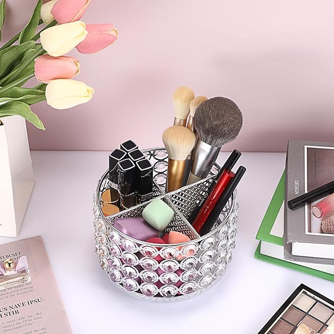 Hipiwe Crystal Vanity Organizer Makeup Brush Holder- 360 Rotating Cosmetic Brushes Display Organizers Spinning Remote Control Holder Bathroom Storage Organizer for Eyebrow Pen Pencil,Silver 4-Slot