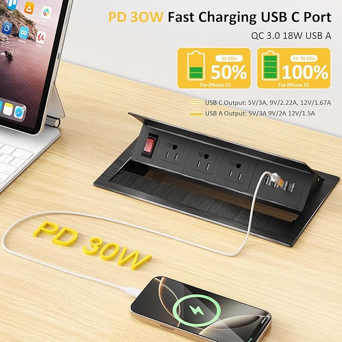 Conference Table Power Hub Outlet, Kungfuking Connectivity Box Rotatable with 30W USB C, 18W USB A, 3 AC Outlets, Heavy Duty Metal Table Top Box for Countertop Office, 6 FT Cord