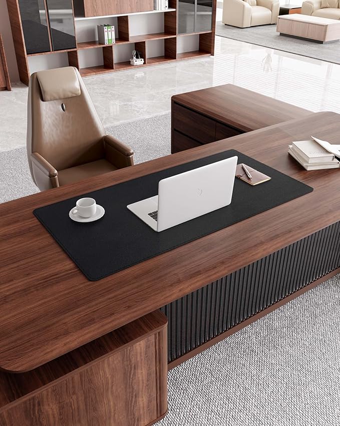 YSAGi Genuine Leather Desk Mat, 35.4"X17" Leather Desk Mat, Office Desk Pad, Thick Desk Pad with Stitched Line, Non-Slip Laptop Writing Pad with Rubber Base(Black, 35.4"X17")