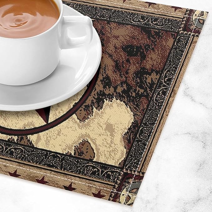 Western Placemats Western Star Country Wood Grain Decor Vintage Rustic Theme Linen Washable Table Mats Stain Heat-Resistant Desktop Decor Place Mats for Home Kitchen Dining Party 12x18 in 6 Pcs