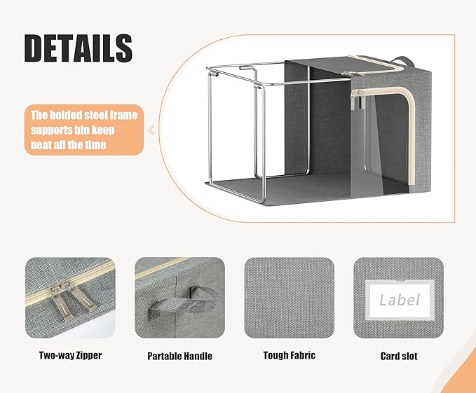 3 Openings Clothes Storage Bins with Metal Frame, Foldable Storage Bin for Clothes, Clothing Storage Bins with Lid, Linen Storage Box With Clear Window＆ Zippers＆ Durable Handles.(3 Pcs,Light Grey,40L)