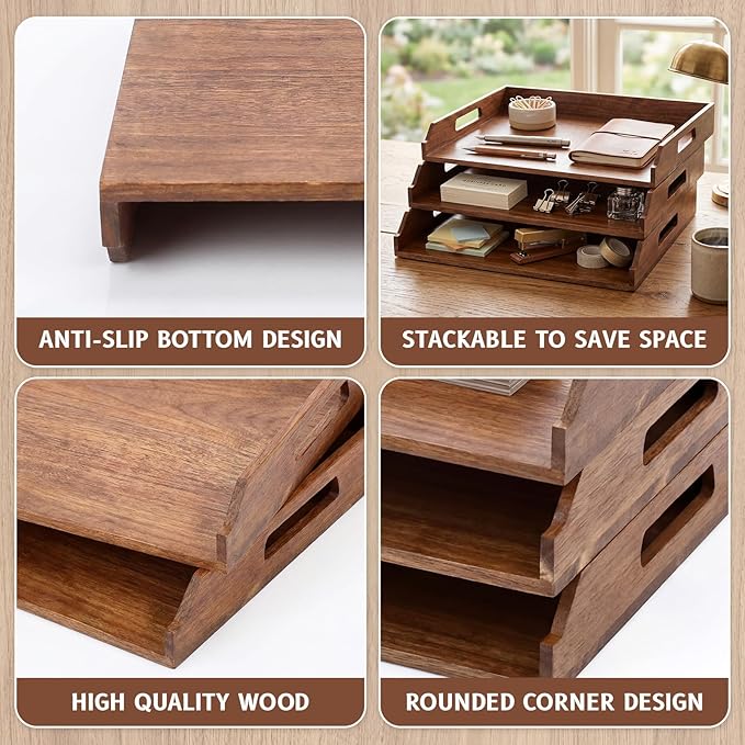 AceOrbit 3 Pcs Stackable Paper Tray Acacia Wood Desk Organizer Letter Tray 3 Tier Wooden File Organizer Desk Shelf for Documents, Letter Sorter, Envelopes and Magazine Holder
