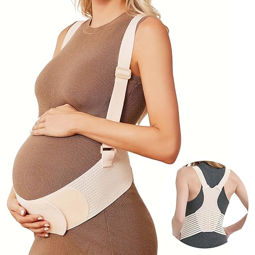 Maternity Belly Band with Back Support – Over-the-Shoulder Pregnancy Support Belt with Lumbar Support, Breathable Mesh Design, Strong Adjustable Hook & Loop Straps, No Digging Comfort for All-Day Wear (Beige, Medium（121-160LB）)