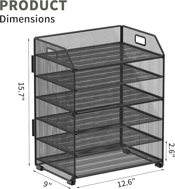 6 Trays Paper Organizer Letter Tray with Pull-Out Drawer, Assembled Mesh Desk File Holder, Metal Paper Sorter for Office Documents, Black