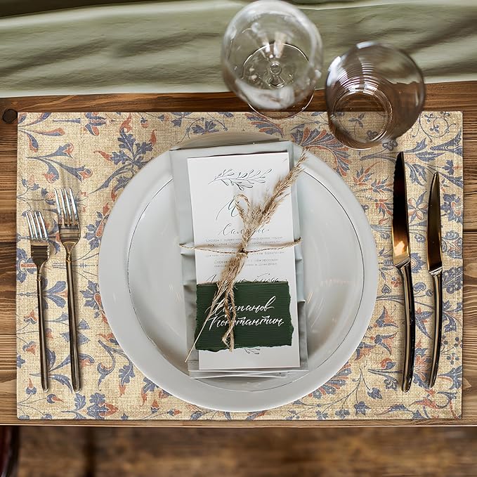 Boho Floral Cream Placemats Set of 4,Vintage Elegant Farmhouse Table Center Linen Decor,12x18 Inch Country Rustic Farmhouse Magical Fall Table Mats for Party Kitchen Dining