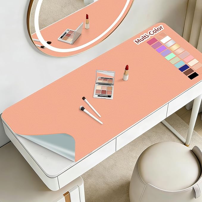 Makeup Mat for Vanity to Protect Desk Top 23.6 x 11.8 in, Dual-Sided Makeup Mat, Easy to Clean Desk Pad - Waterproof and Oilproof Vanity Accessories (Peach and Grey)