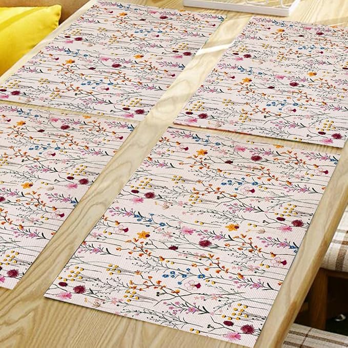 Watercolor Wild Flowers Placemats Set of 4, 12x18 Inch Seasonal Spring Summer Colorful Floral Table Mats for Home Party Kitchen Dining Decoration