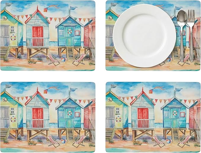 Pimpernel Beach Huts Placemats, Set of 4 - Durable Table Mats with Cork Back, Heat & Stain Resistant for Dining, Kitchen, Entertaining & Coastal Summer Style & Table Décor (12" x 16")