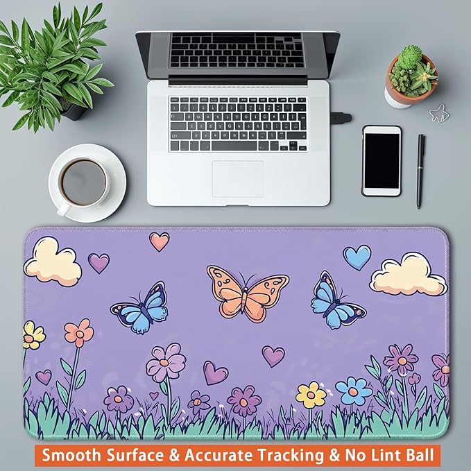 Desk Pad Protector, Office Desk Mat, Large Mouse Pad, Non-Slip Desk Blotter, 23.6x11.8 inch, Flower and Butterfly