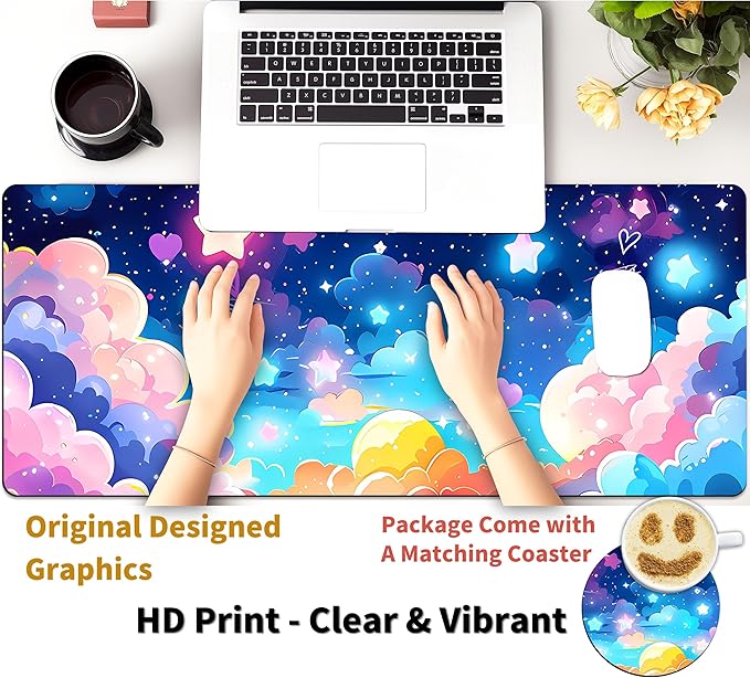 Extended Mouse Pad with Coaster 31.5 x 11.8 Desk Pad Full Desk Mousepad Stitched Edges Desk Mat Long Large Gaming Mouse Pad for Desk Office Home Rainbow Star