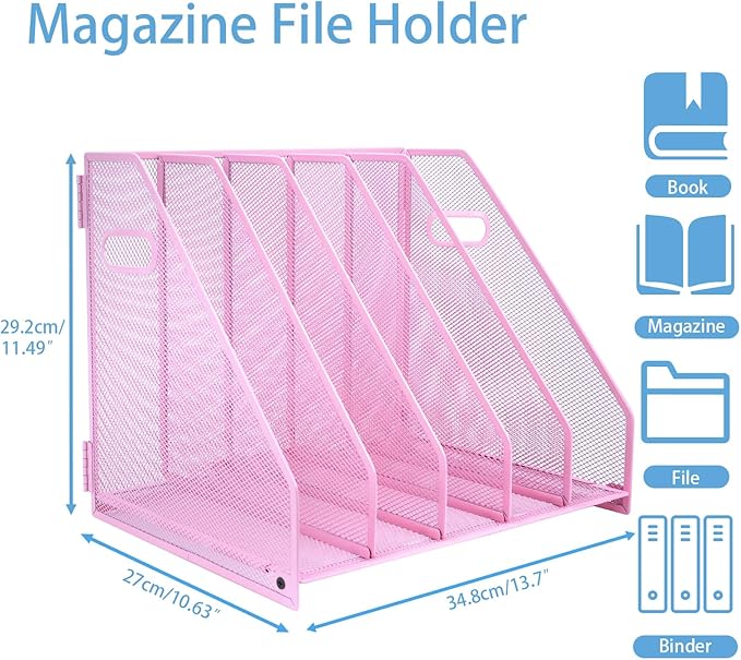 Desk Organizers Metal Magazine File Holder Racks Desktop Folder Storage Binder Organiser Document Organization for Home Office & Classroom,5 Vertical Compartments-Pink