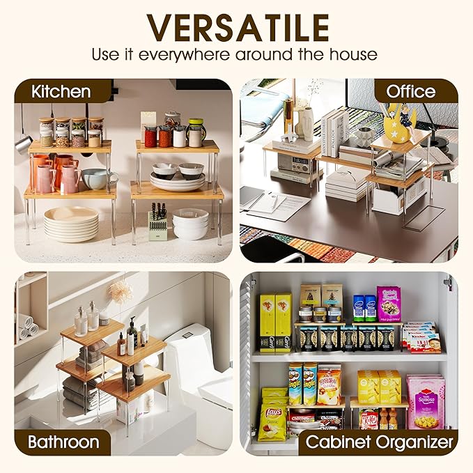 Jolitac Cabinet Organizer Shelf - Set of 4 Clear Acrylic Spice Rack, Stackable Pantry Storage Shelves for Kitchen Counter, Bathroom, Desk - Multi-Purpose Bamboo Space Saving Shelves, Easy Assembly