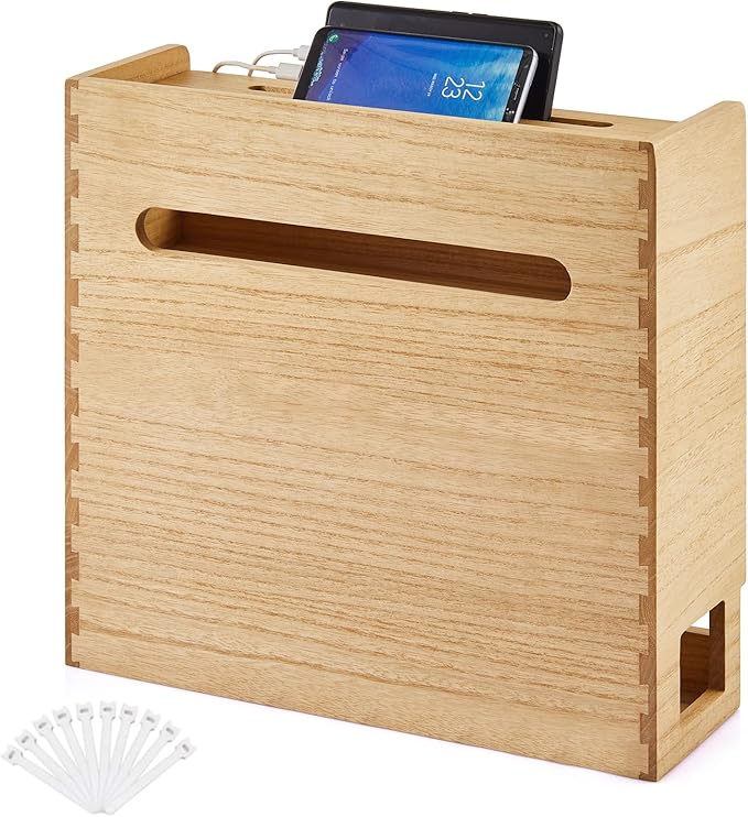 KIRIGEN WiFi Router Storage Box, Wooden Cable Management Box with 3-Tier Shelf, Modem and Power Strip Organizer for Desk, TV Stand, Home Office, Living Room, Natural LYQ-NA