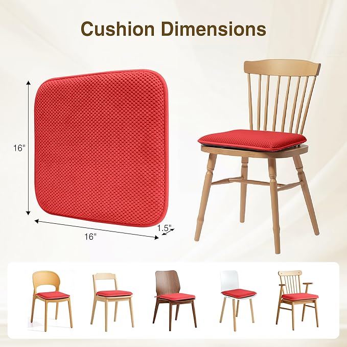 puredown® Chair Cushions for Dining Chairs, Set of 2 Memory Foam Seat Cushions with Non-Slip Backing & Ties, 16" x 16" x 1.5", Comfortable & Supportive Dining Chair Pads for Kitchen, Red