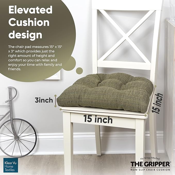 Klear Vu Gripper Overstuffed Universal Non-Slip Dining Chair Cushions for Kitchen Decor or Office Use, U-Shaped Skid-Proof Seat Pad, 15x15 Inches, 4 Count (Pack of 1), Waffle Green