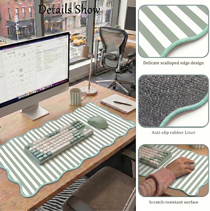 Scalloped Desk Mat Extended Large Cute Striped Mouse Pad Big Desk Pad XXL Aesthetic Stripe Mousepad Gaming Mouse Pad for Keyboard Computer Laptop Home Office Accessories 35.4X15.7Inches Sage Green