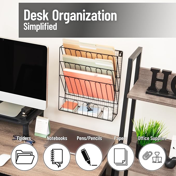 Mind Reader Metal Wire Desktop Organizer, Vertical File Holder, Hooks and Storage Tray, Wall Mount or Desktop, Metal, Black