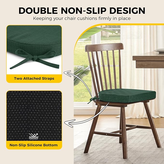 downluxe Indoor Chair Cushions for Dining Chairs, Soft and Comfortable Textured Foam Kitchen Chair Pads with Ties and Non-Slip Backing, 16" x 16" x 2", Dark Green, 6 Pack