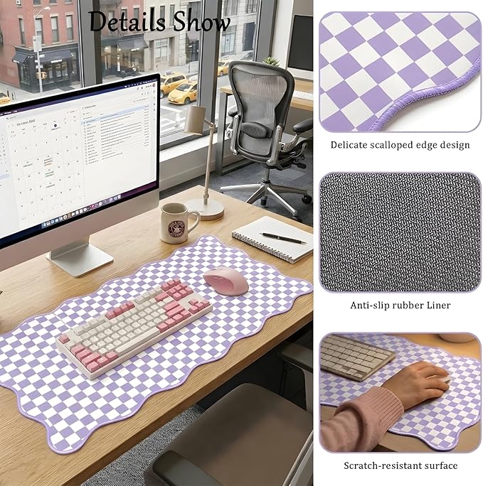 Scalloped Desk Mat Extended Large Cute Purple Mouse Pad Farmhouse Desk Pad XXL Aesthetic Plaid Mousepad Checkered Gaming Mouse Pad for Keyboard Computer Laptop Home Office Accessories Girl 35.4X15.7In