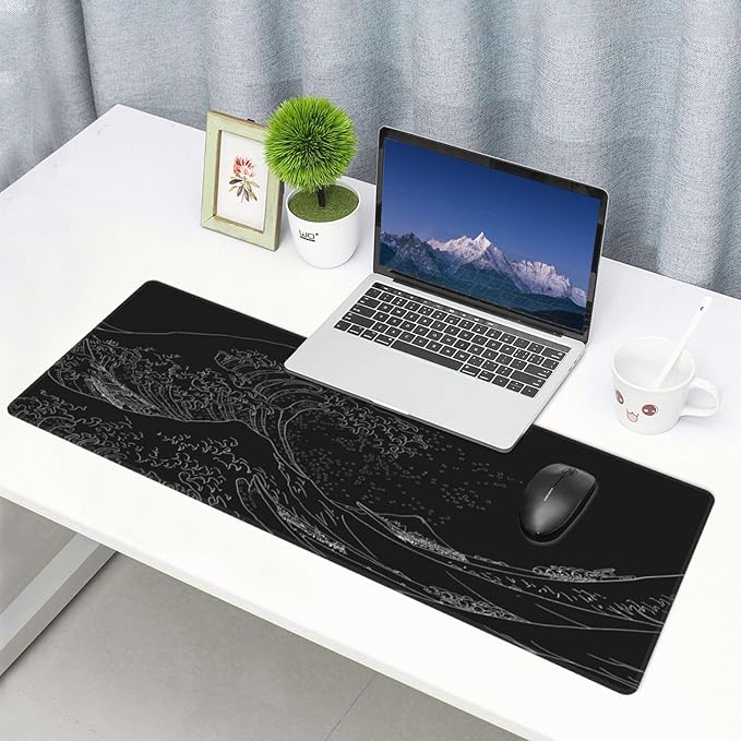 Extended Gaming Mouse Pad, Large Gaming Mouse Waterproof with Stitched Edges, Non-Slip Desktop Pad for Home and Office, Level Up Your 31.5x11.8 Inch… (Black Wave)