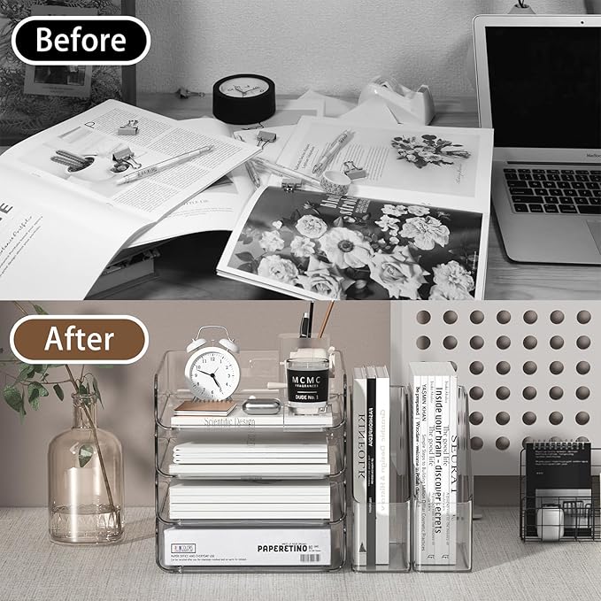 FANXIYQ 4-Tier Acrylic Paper Tray Organizer | Clear Stackable Desk Organizer for Documents, Letters, A4 Paper | Modern Office/Classroom/Home Organization,Clear