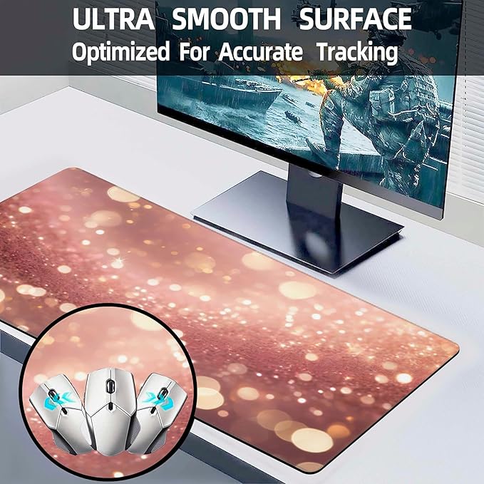 XL Mouse Pad,Rose Pink Glitter Large Gaming Mouse Pad,Gold Sparkles Desk Mat for Desktop,Extended Big Computer Keyboard Desk Pad with Non-Slip Base and Stitched Edge 31.5"x11.8"