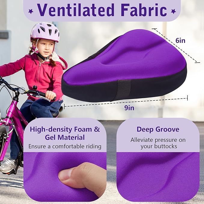 Zacro Gel Kids Bike Seat Cushion Cover for Boys & Girls, Anti-Slip Bike Seat Cover for Toddler, Breathable & Extra Soft Memory Foam Child Bicycle Saddle Padded with Reflective Strip, 9"x6"