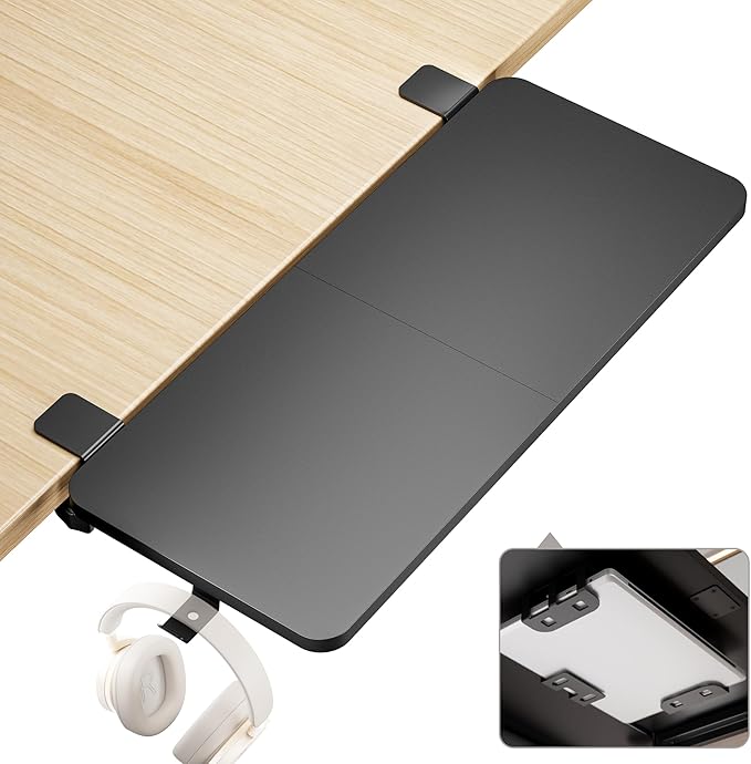PEGZONE Desk Extender Tray, 28" x 12" Clamp On Desk Shelf, Desk Extension with Laptop Holder, Table Desk Arm Rest, Clamp On Keyboard Tray for Office and Home, Workstation Organizer, Large, Black