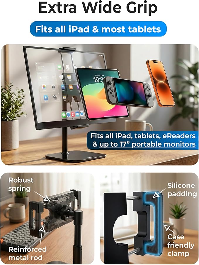 COOPER TabStand Mini, 10" Height Adjustable Tablet Stand, Ipad Stand for Desk, Portable Monitor Holder, Heavy Duty Grip, Tripod iPad Holder, Tablet Mount, for Samsung Tablets, Kindle eReaders (Black)
