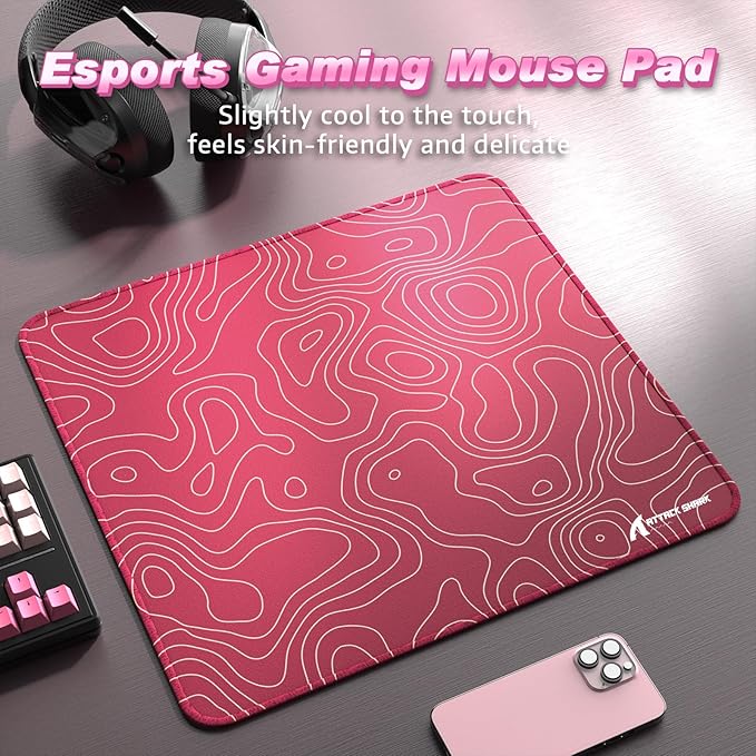 ATTACK SHARK CM02 Gaming Mouse Pad for Esports Speed Large Mouse mats for Desk Waterproof Surface Stitched Edges and Anti-Slip Rubber Base Size L Laminate 17.72” x 15.75” x 0.16” Pink Contour
