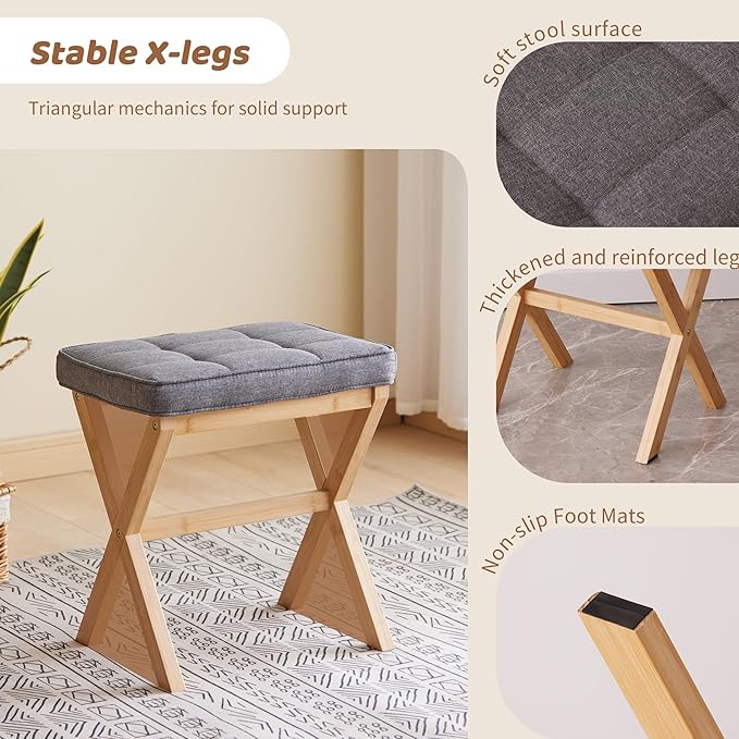 Foot Stool Small Ottoman Foot Rest Padded Foot Stool Desk for Under Office Desk Vanity Stool Bamboo Footstool Sofa Footrest Shoe Stool Small Foot Stools (Natural Legs + Gray)